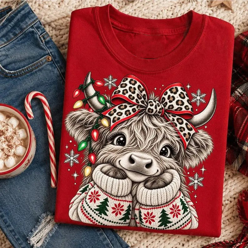 Christmas Highland Cow Leopard Bow T-Shirt / Sweatshirt / Hoodie
