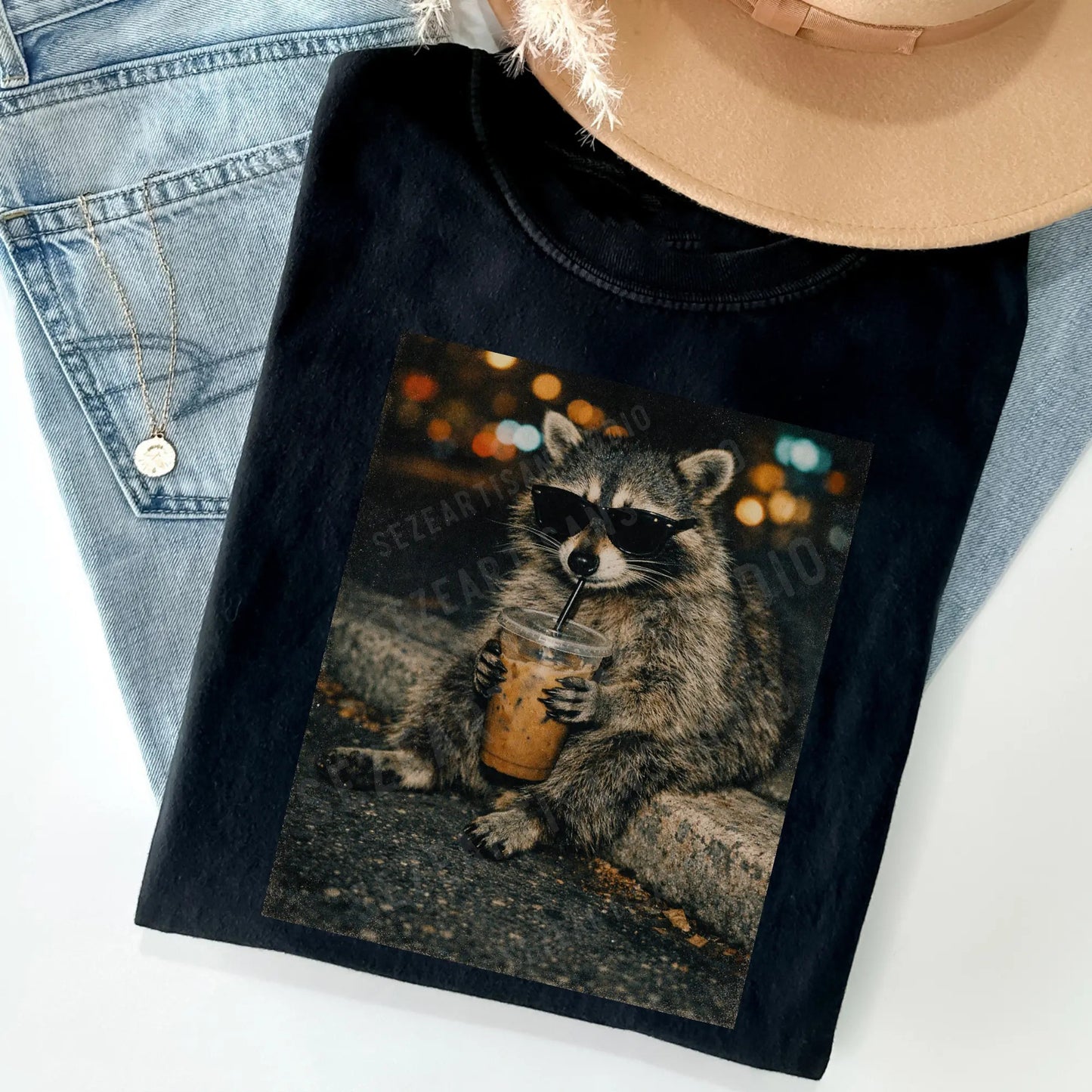 Funny Raccoon Drinking Iced Coffee T-Shirt / Sweatshirt / Hoodie