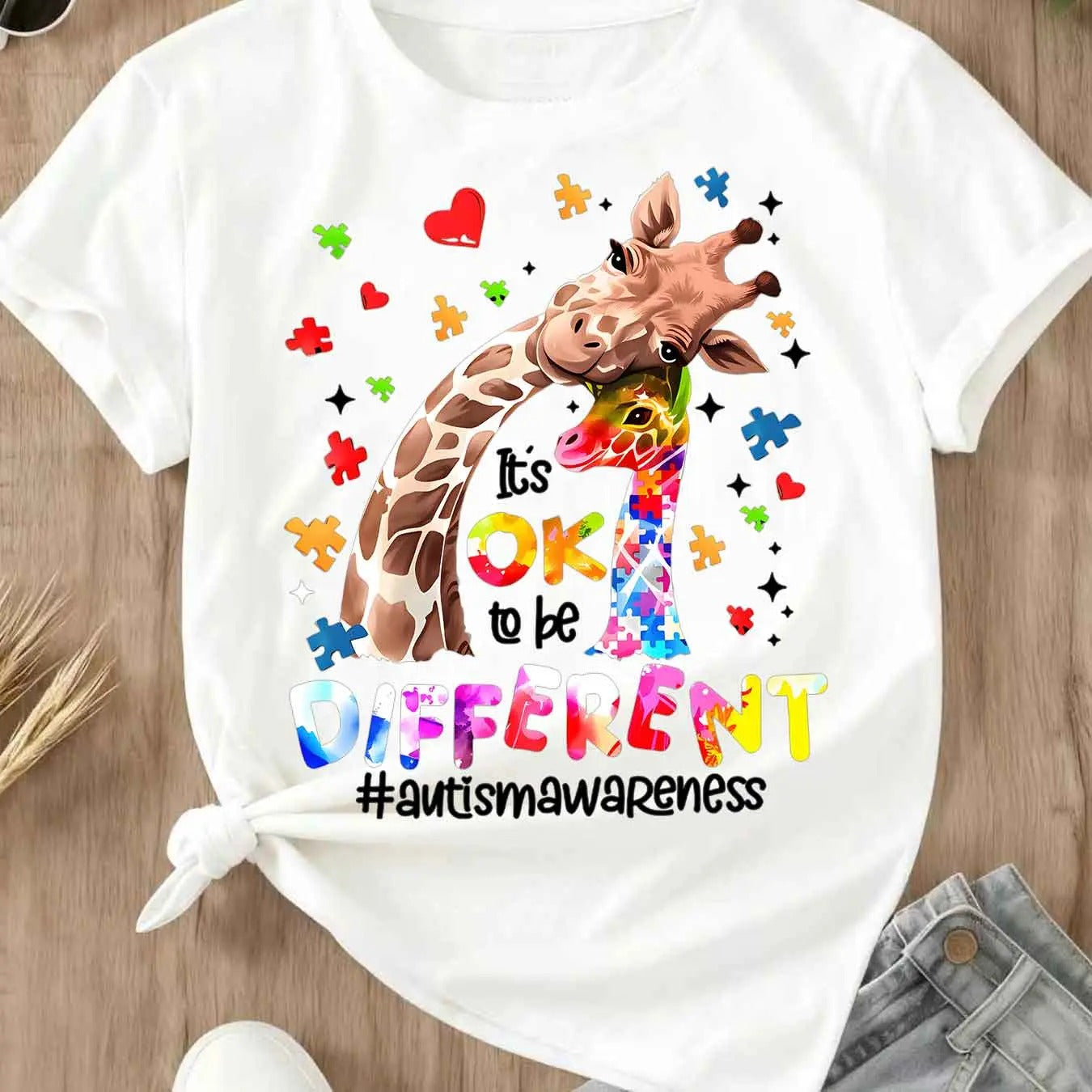 Giraffe With Puzzle Pieces And Hearts Print Ok To Be Different Autism Awareness T-Shirt / Sweatshirt / Hoodie