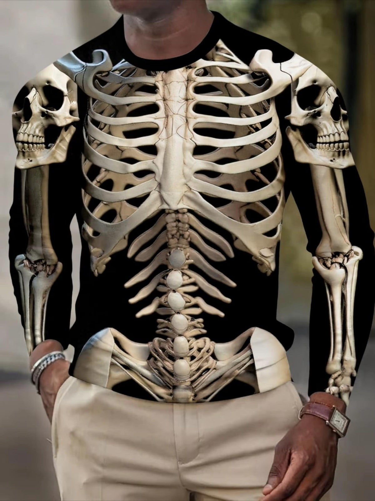 Halloween 3D-Effect Skull-Print Long-Sleeve Top