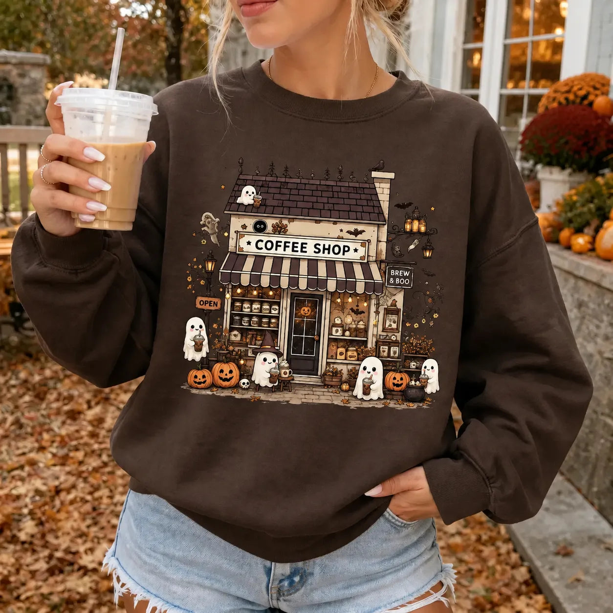 Halloween Coffee Shop Cute Ghost Pumpkin Spooky Fall Graphic T-Shirt / Sweatshirt / Hoodie