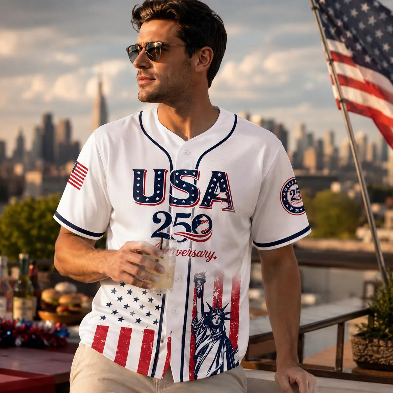 USA 250th Anniversary Patriotic Statue of Liberty Print Baseball Jersey
