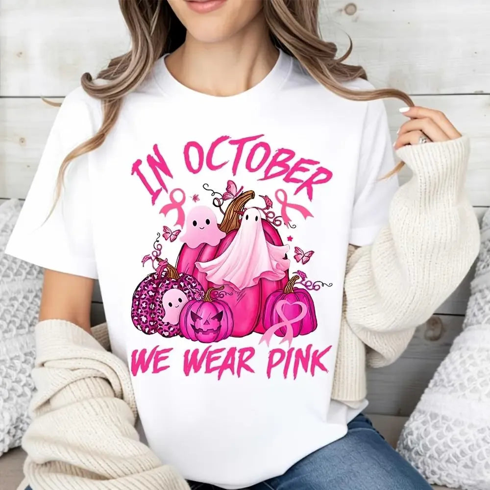 In October We Wear Pink Breast Cancer Awareness Halloween Autumn Festival Support Gift T-Shirt / Sweatshirt / Hoodie