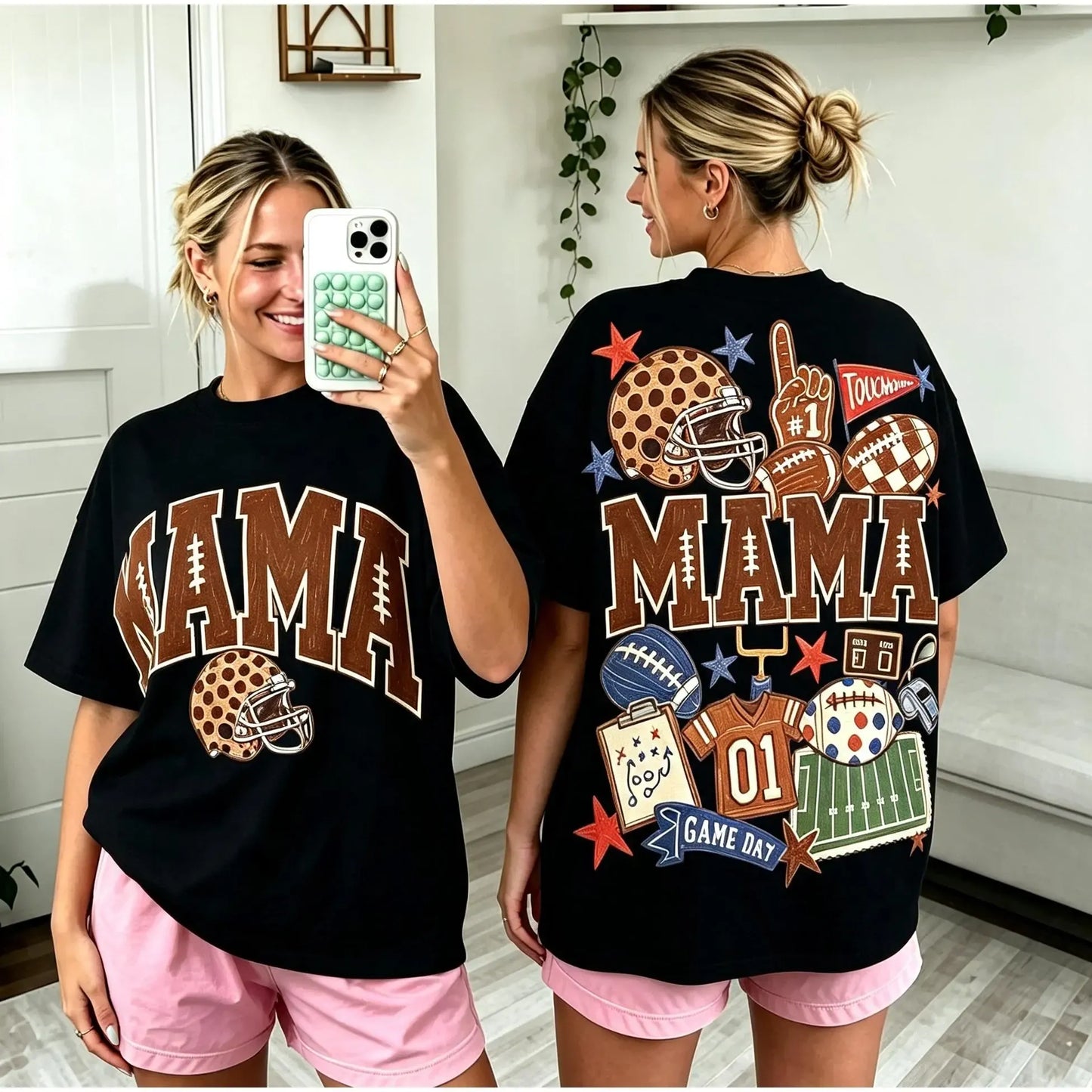 Mama Football Cute Game Day Casual Coquette Bow & Leopard Print Sports T-Shirt / Sweatshirt / Hoodie