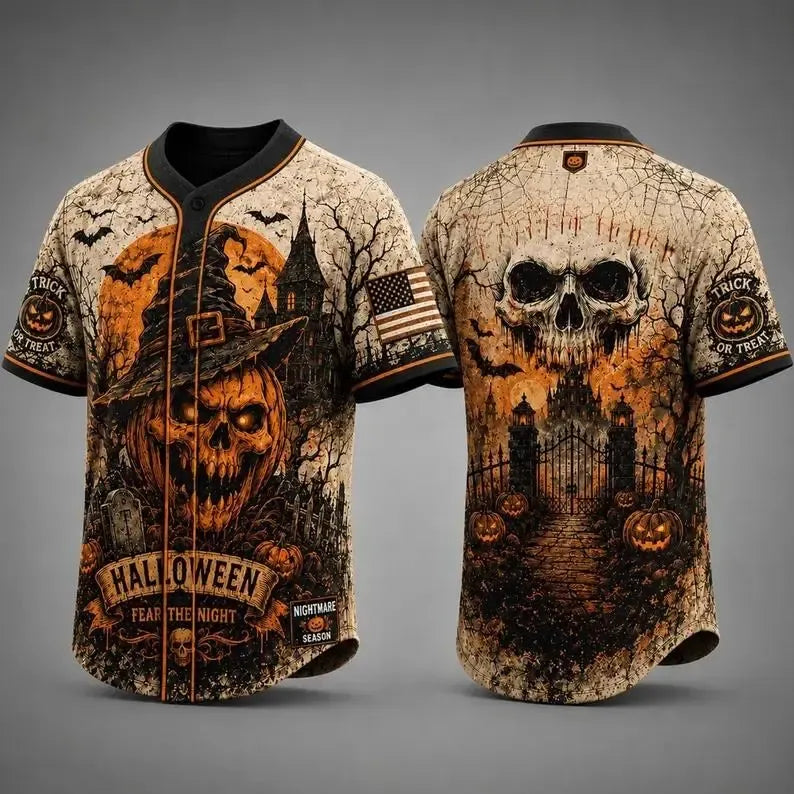 Skull Pumpkin Print Halloween Jersey