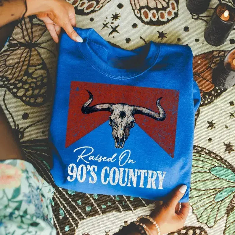 Raised On 90s Country Distressed Vintage Western Bull Skull T-Shirt / Sweatshirt / Hoodie