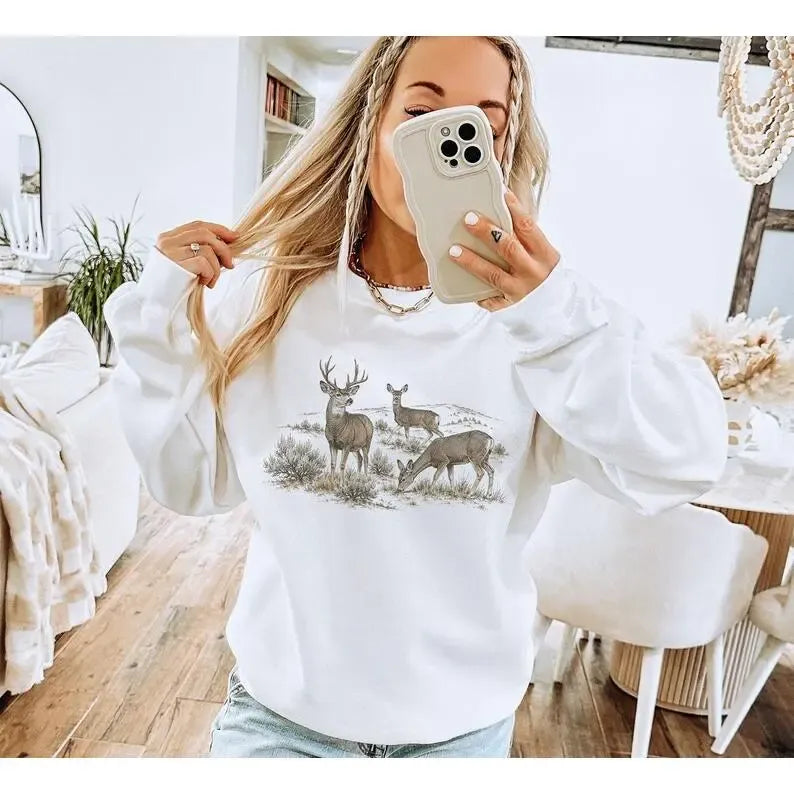 Retro 90's Buck & Doe Mule Deer Sagebrush Hill Scene T-Shirt / Sweatshirt / Hoodie