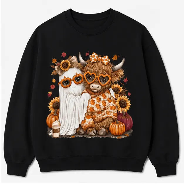 Fall Highland Cow Ghosts Pumpkin Halloween T-Shirt / Sweatshirt / Hoodie