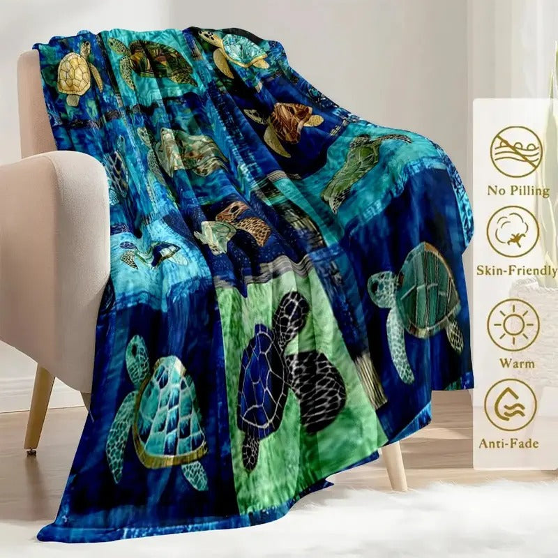 Sea Turtle Ocean Mosaic Patchwork Flannel Blanket