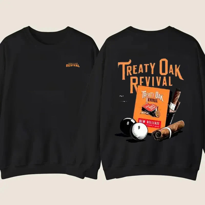 With Black Background Orange Treaty Oak Revival Text And Pattern Print T-Shirt / Sweatshirt / Hoodie