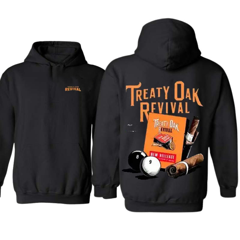 With Black Background Orange Treaty Oak Revival Text And Pattern Print T-Shirt / Sweatshirt / Hoodie