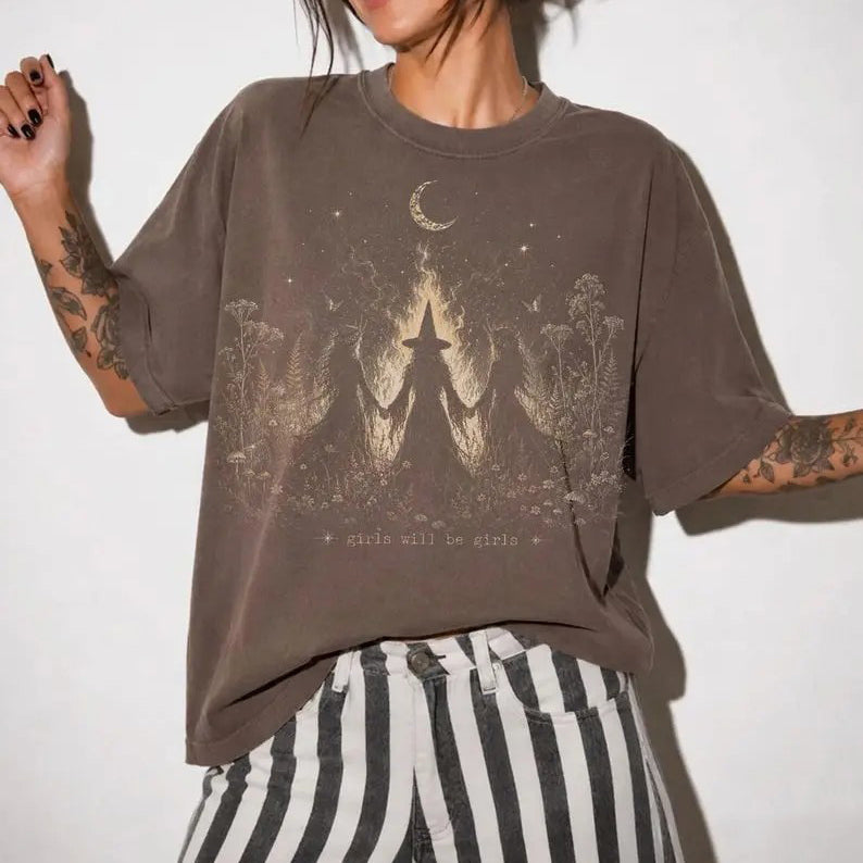 Girls Will Be Girls Witch Silhouette Moonlit Forest Graphic Vintage T-Shirt / Sweatshirt / Hoodie