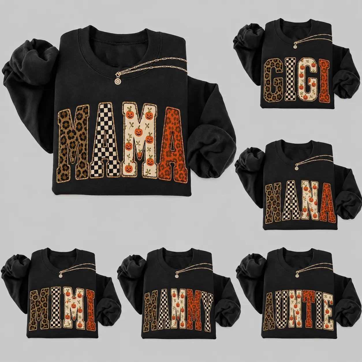 Customize Halloween Family Names Mama Nana Gigi Mimi Pumpkin Leopard Graphic T-Shirt / Sweatshirt / Hoodie
