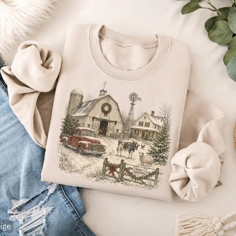Vintage Christmas Farmhouse Snowy Barn T-Shirt / Sweatshirt / Hoodie