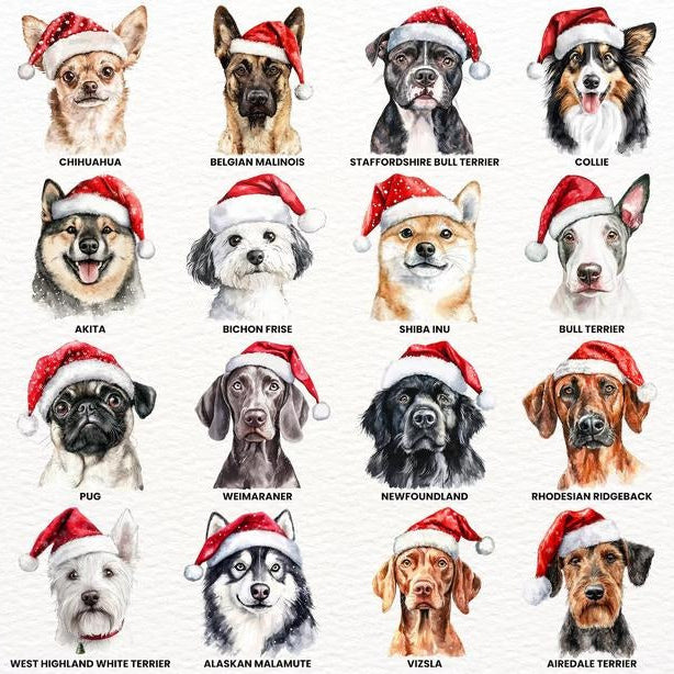 60 Watercolor Dog Breeds in Festive Santa Hat T-Shirt / Sweatshirt / Hoodie