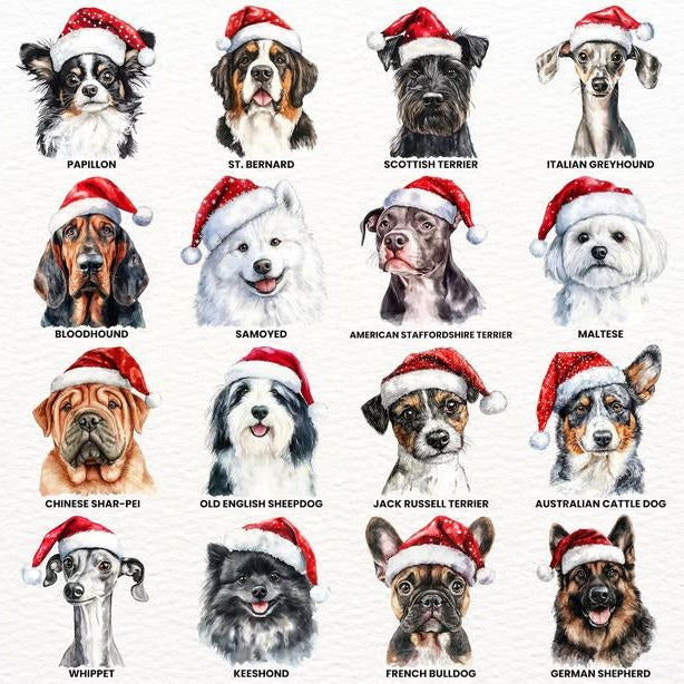 60 Watercolor Dog Breeds in Festive Santa Hat T-Shirt / Sweatshirt / Hoodie