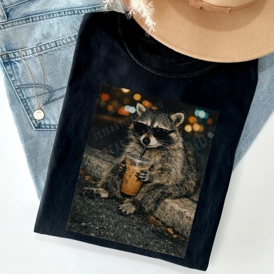 Funny Raccoon Drinking Iced Coffee T-Shirt / Sweatshirt / Hoodie