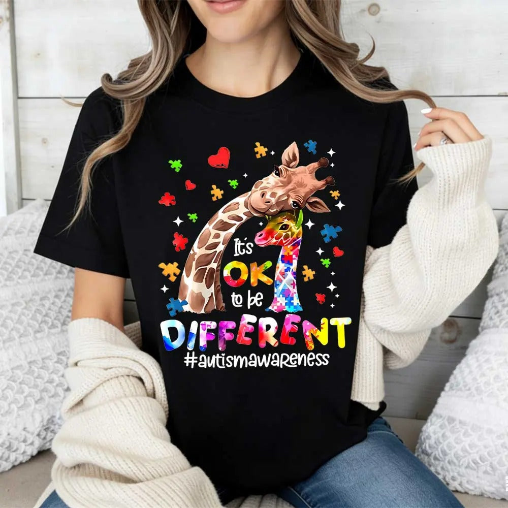 Giraffe With Puzzle Pieces And Hearts Print Ok To Be Different Autism Awareness T-Shirt / Sweatshirt / Hoodie