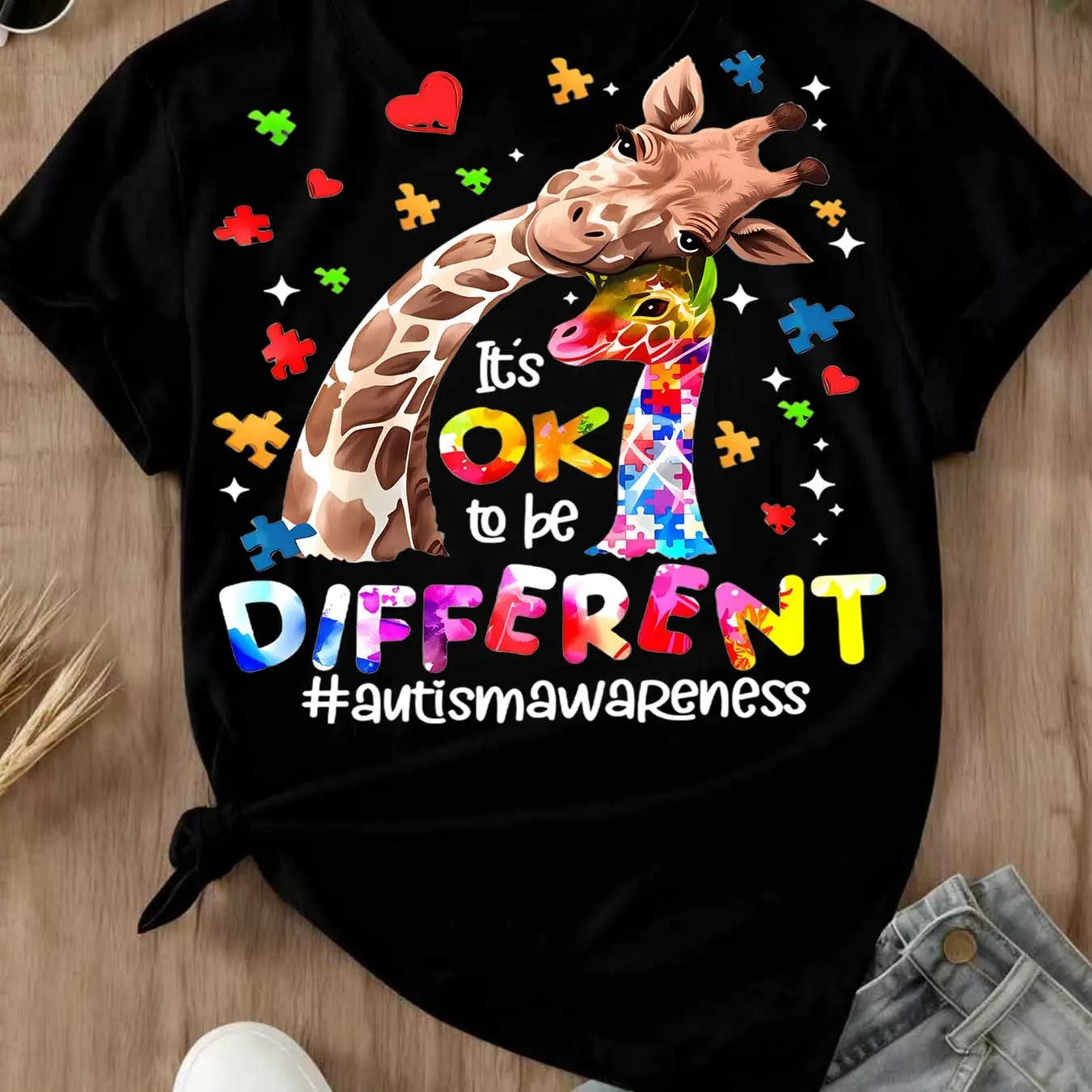 Giraffe With Puzzle Pieces And Hearts Print Ok To Be Different Autism Awareness T-Shirt / Sweatshirt / Hoodie