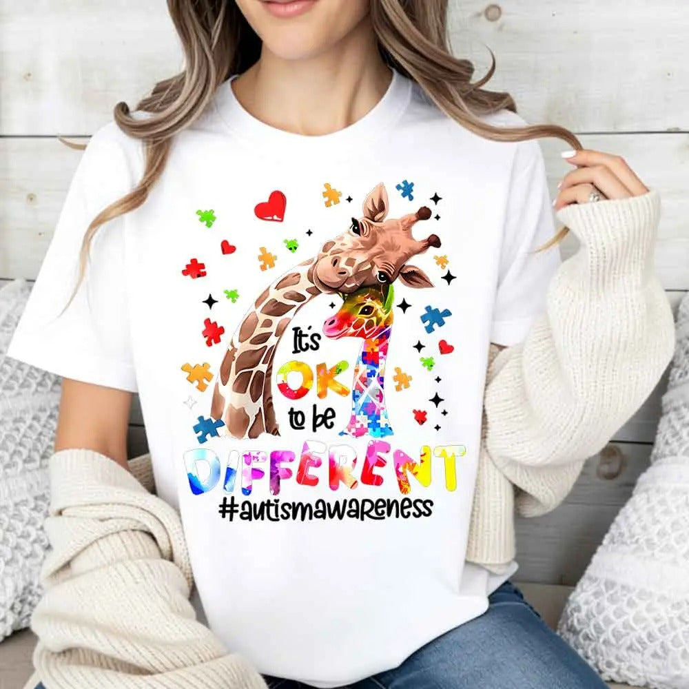 Giraffe With Puzzle Pieces And Hearts Print Ok To Be Different Autism Awareness T-Shirt / Sweatshirt / Hoodie