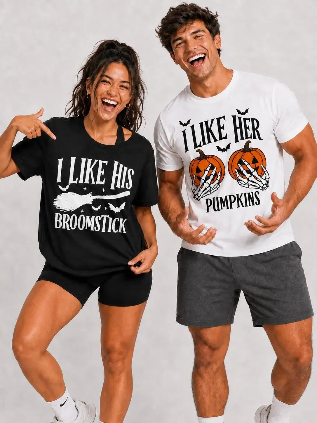 Halloween Matching His Hers Funny Couple Costume Pumpkin Theme Broomstick Design T-Shirt / Sweatshirt / Hoodie