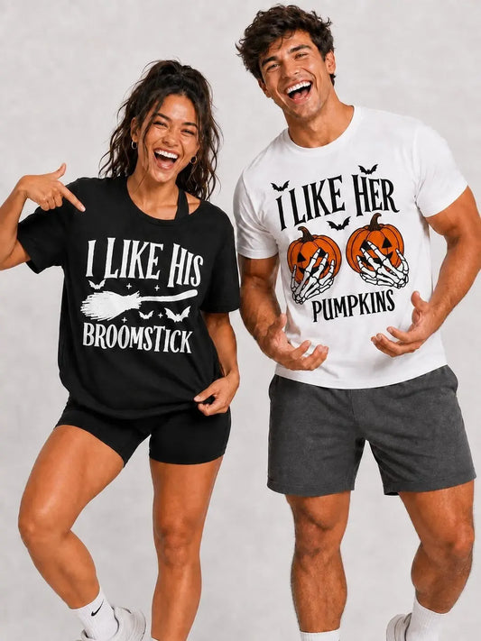 Halloween Matching His Hers Funny Couple Costume Pumpkin Theme Broomstick Design T-Shirt / Sweatshirt / Hoodie