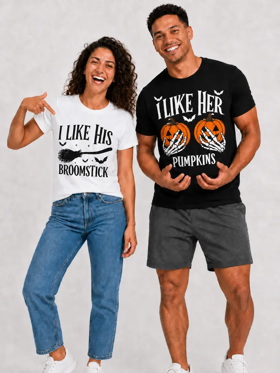 Halloween Matching His Hers Funny Couple Costume Pumpkin Theme Broomstick Design T-Shirt / Sweatshirt / Hoodie