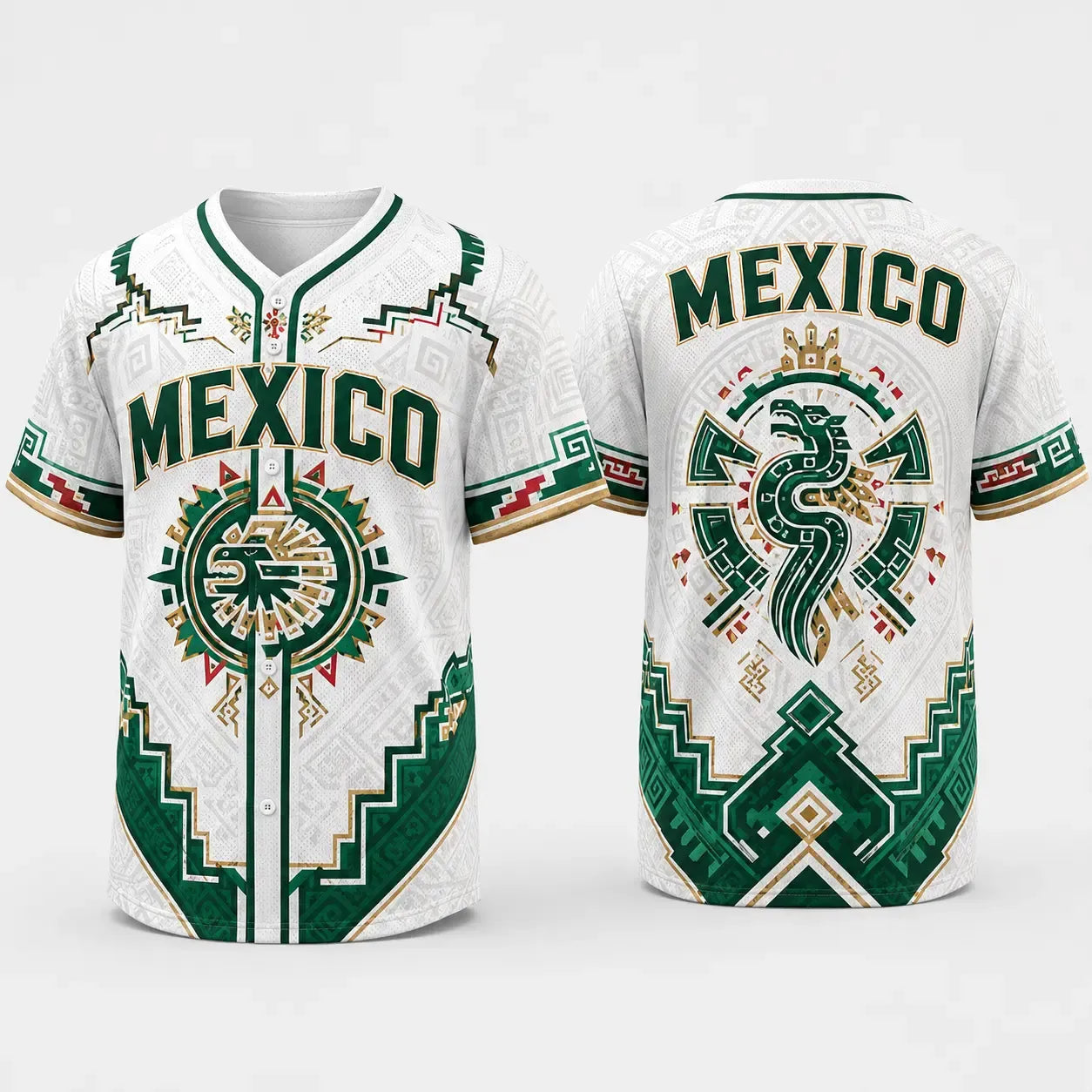 Mexico Aztec Culture Green White Heritage Graphic Casual Summer Sports Baseball Jersey