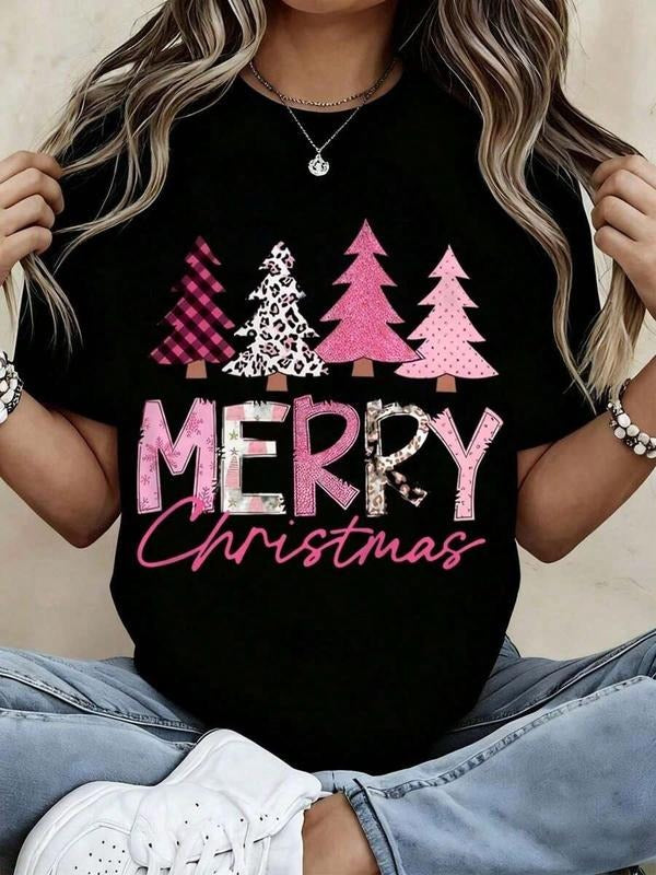 Merry Christmas Festive Pink Plaid & Leopard Print Trees Design T-Shirt / Sweatshirt / Hoodie