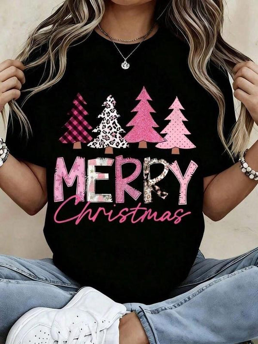 Merry Christmas Festive Pink Plaid & Leopard Print Trees Design T-Shirt / Sweatshirt / Hoodie