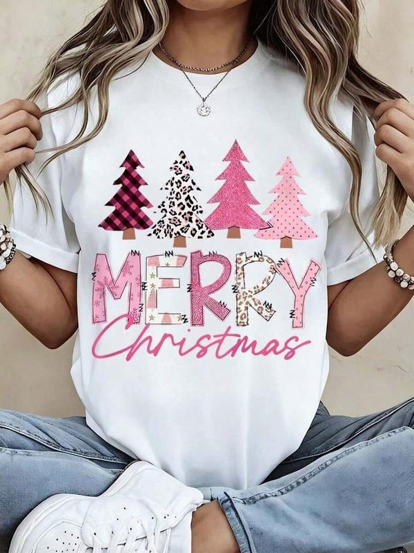 Merry Christmas Festive Pink Plaid & Leopard Print Trees Design T-Shirt / Sweatshirt / Hoodie