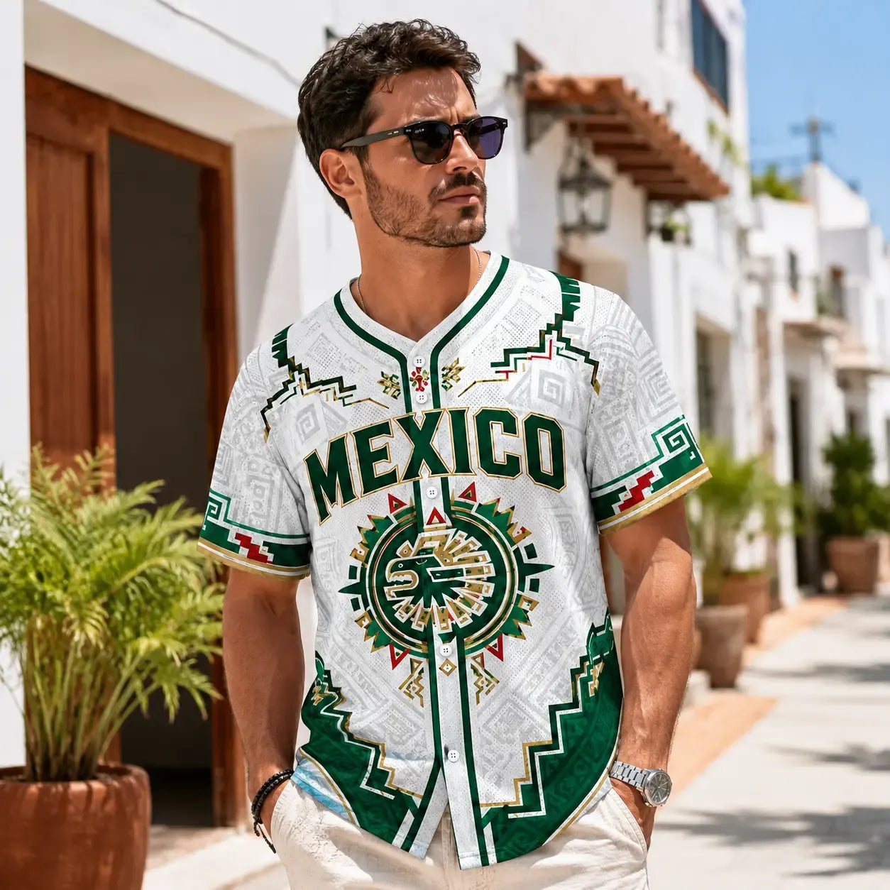 Mexico Aztec Culture Green White Heritage Graphic Casual Summer Sports Baseball Jersey