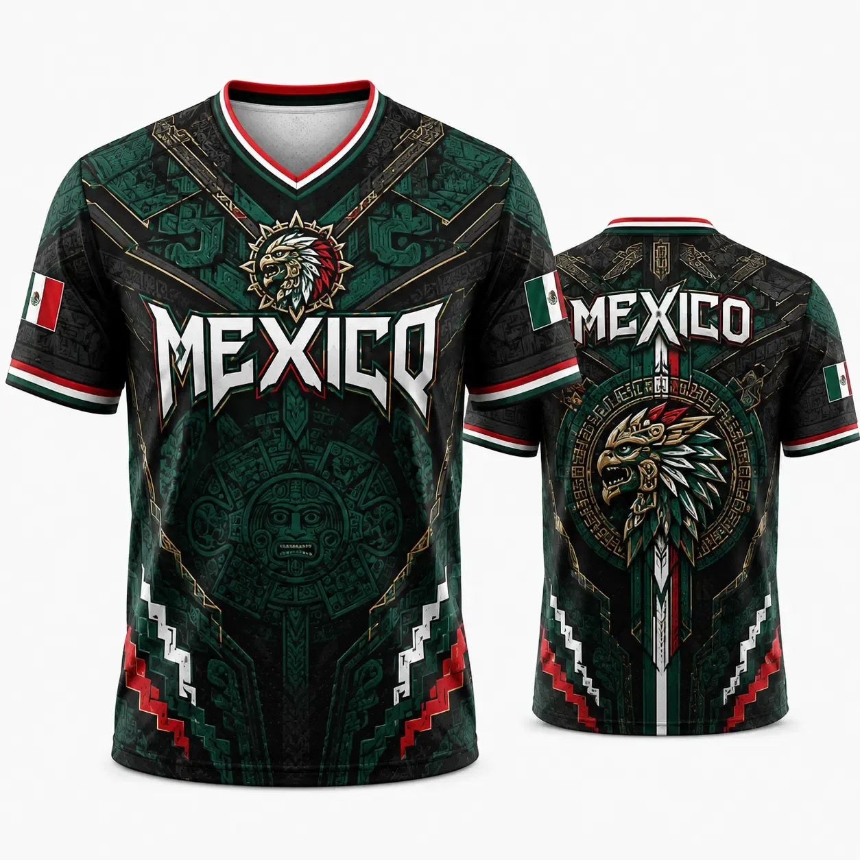Mexico Eagle Warrior V-Neck Aztec Calendar Graphic Football Jersey