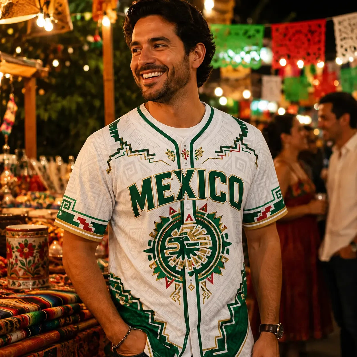 Mexico Aztec Culture Green White Heritage Graphic Casual Summer Sports Baseball Jersey