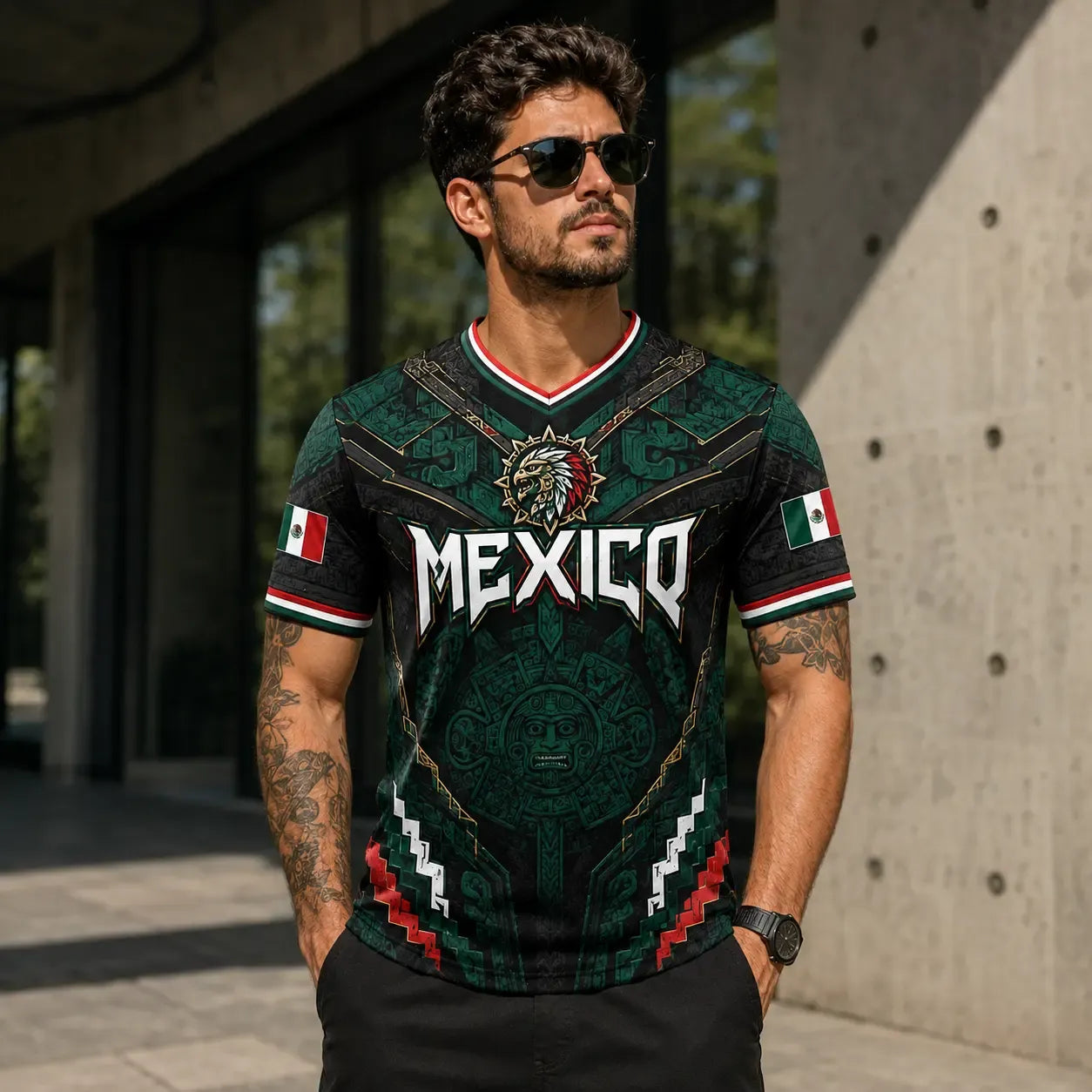 Mexico Eagle Warrior V-Neck Aztec Calendar Graphic Football Jersey