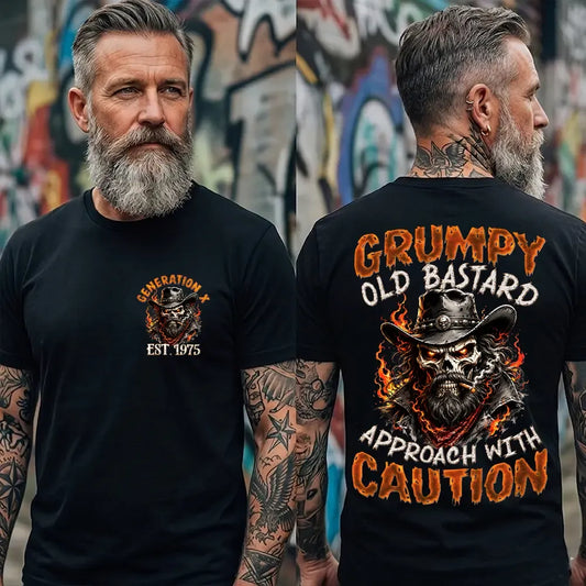 Personalization Year Gen X Grumpy Old Bastard Approach With Caution Skull Graphic T-Shirt / Sweatshirt / Hoodie