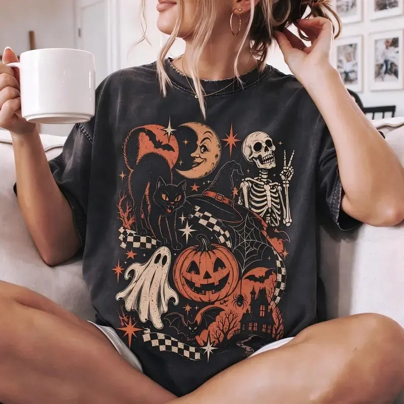 Retro Halloween Black Cat Ghost Skeleton Pumpkin Witch Spooky Cute Vintage Y2K Graphic T-Shirt / Sweatshirt / Hoodie