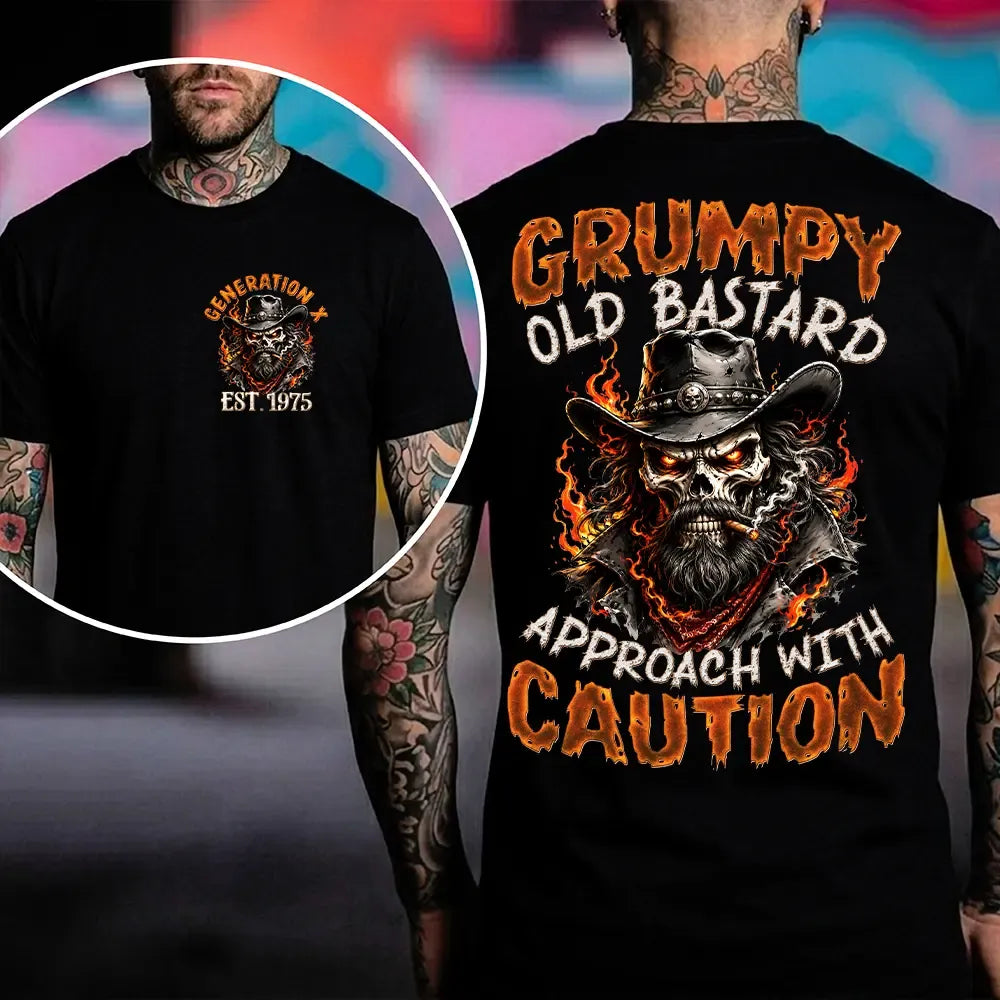 Personalization Year Gen X Grumpy Old Bastard Approach With Caution Skull Graphic T-Shirt / Sweatshirt / Hoodie