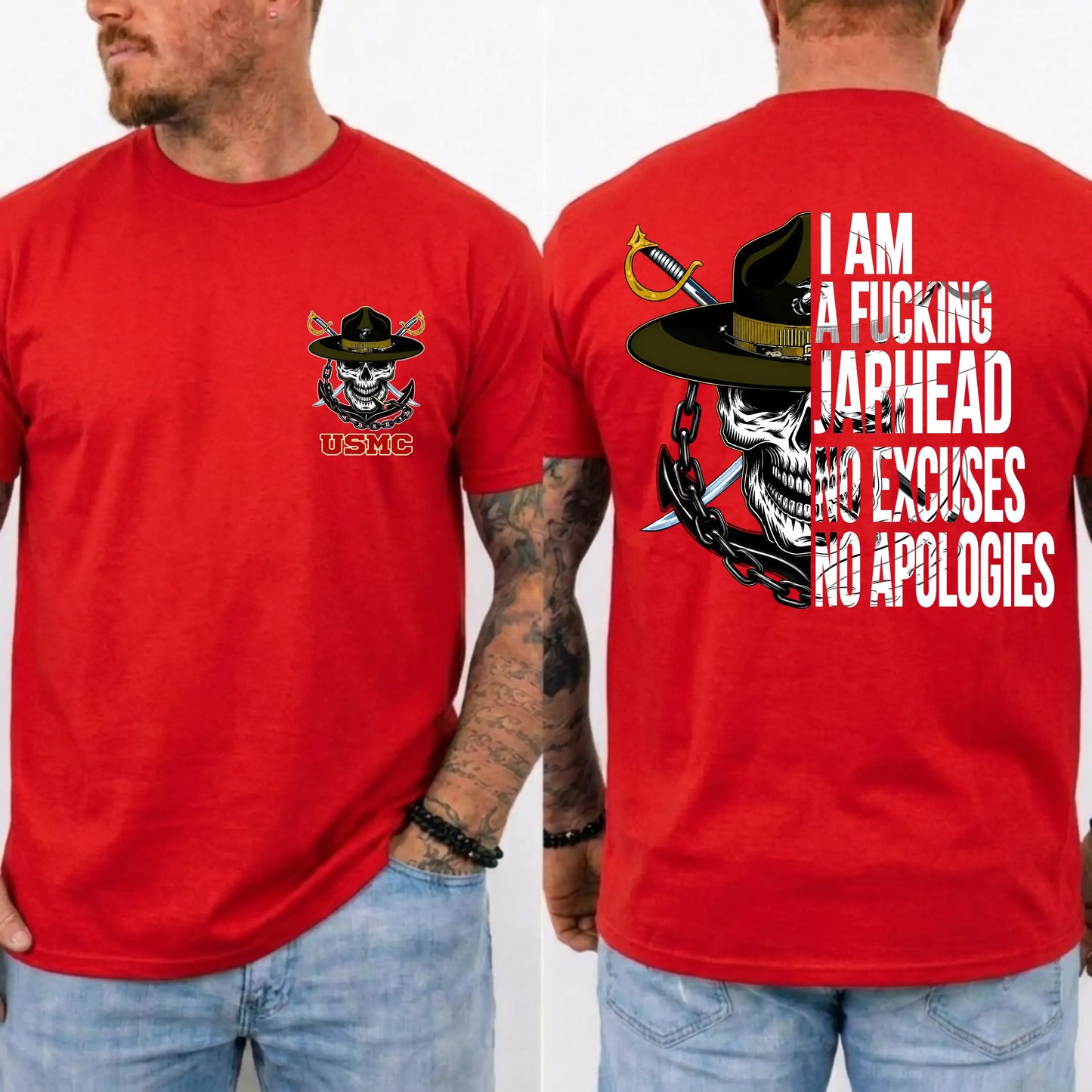 USMC Jarhead Skull No Excuses No Apologies Vintage Marine Graphic T-Shirt / Sweatshirt / Hoodie
