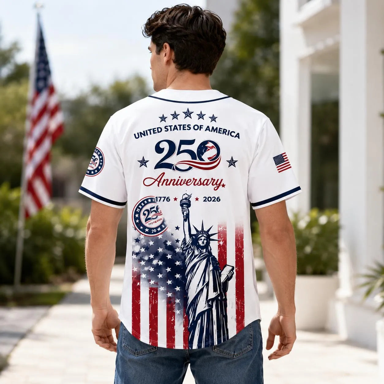 USA 250th Anniversary Patriotic Statue of Liberty Print Baseball Jersey