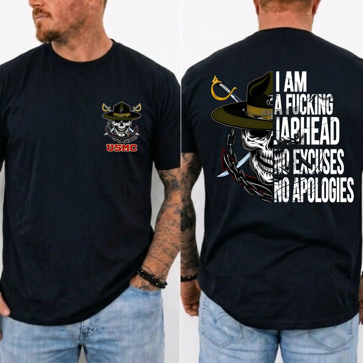 USMC Jarhead Skull No Excuses No Apologies Vintage Marine Graphic T-Shirt / Sweatshirt / Hoodie