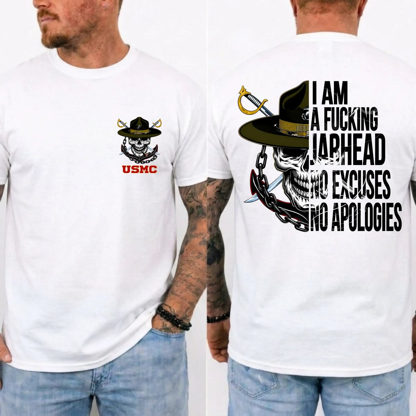 USMC Jarhead Skull No Excuses No Apologies Vintage Marine Graphic T-Shirt / Sweatshirt / Hoodie