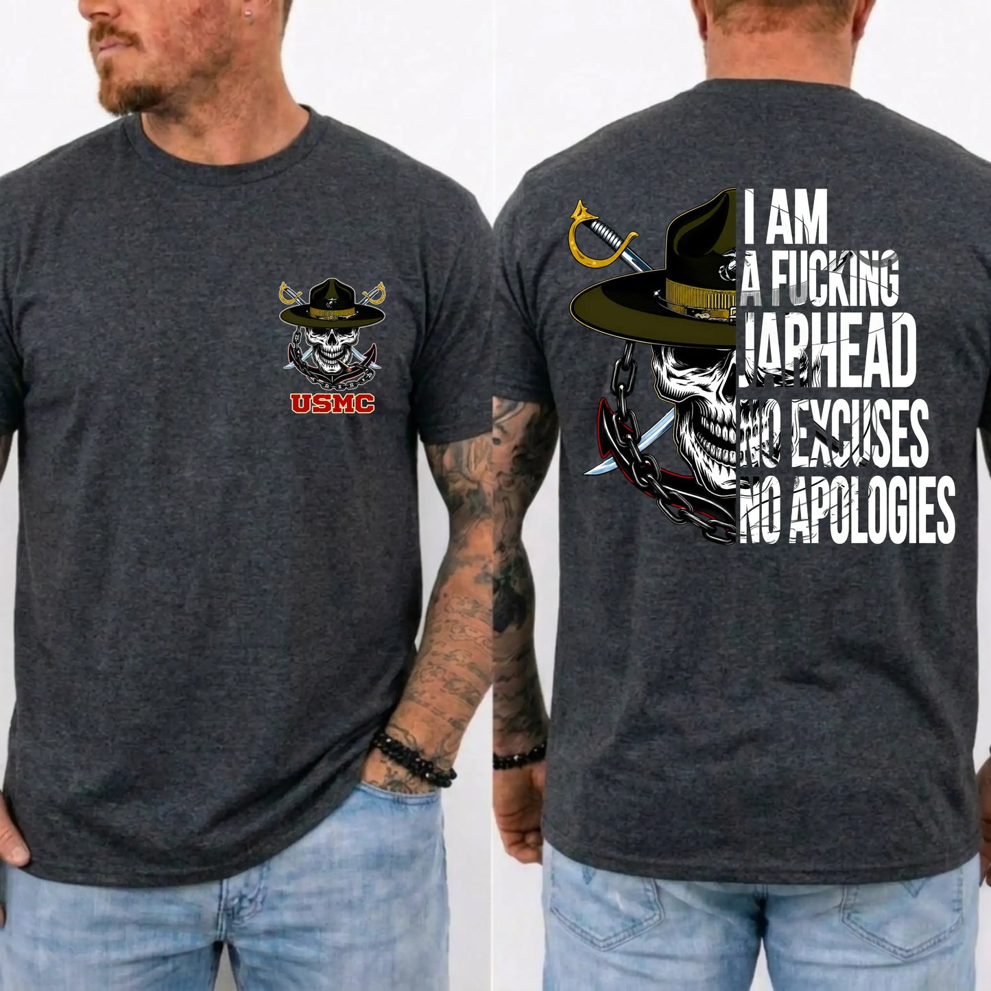 USMC Jarhead Skull No Excuses No Apologies Vintage Marine Graphic T-Shirt / Sweatshirt / Hoodie