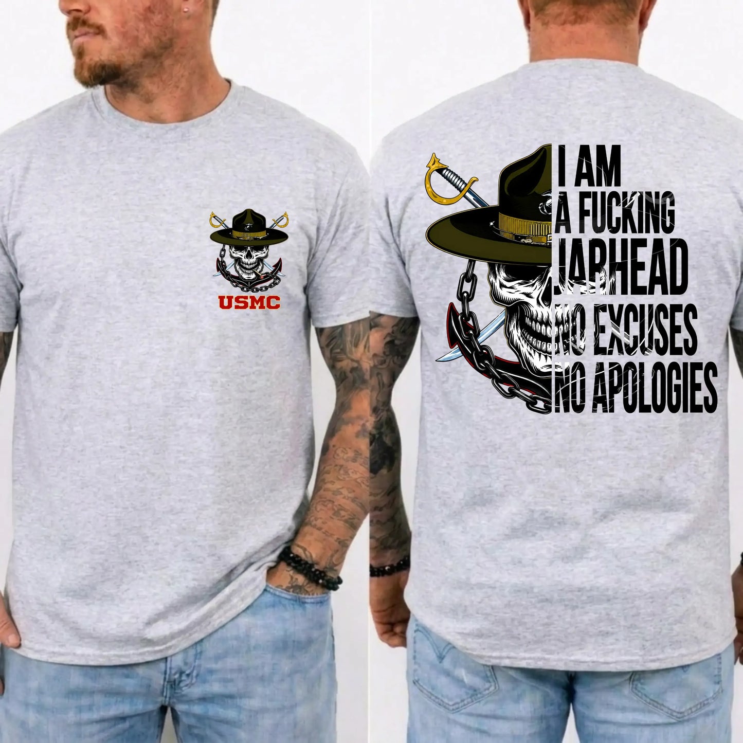USMC Jarhead Skull No Excuses No Apologies Vintage Marine Graphic T-Shirt / Sweatshirt / Hoodie