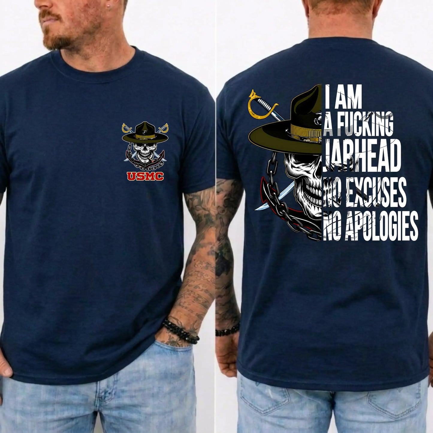 USMC Jarhead Skull No Excuses No Apologies Vintage Marine Graphic T-Shirt / Sweatshirt / Hoodie