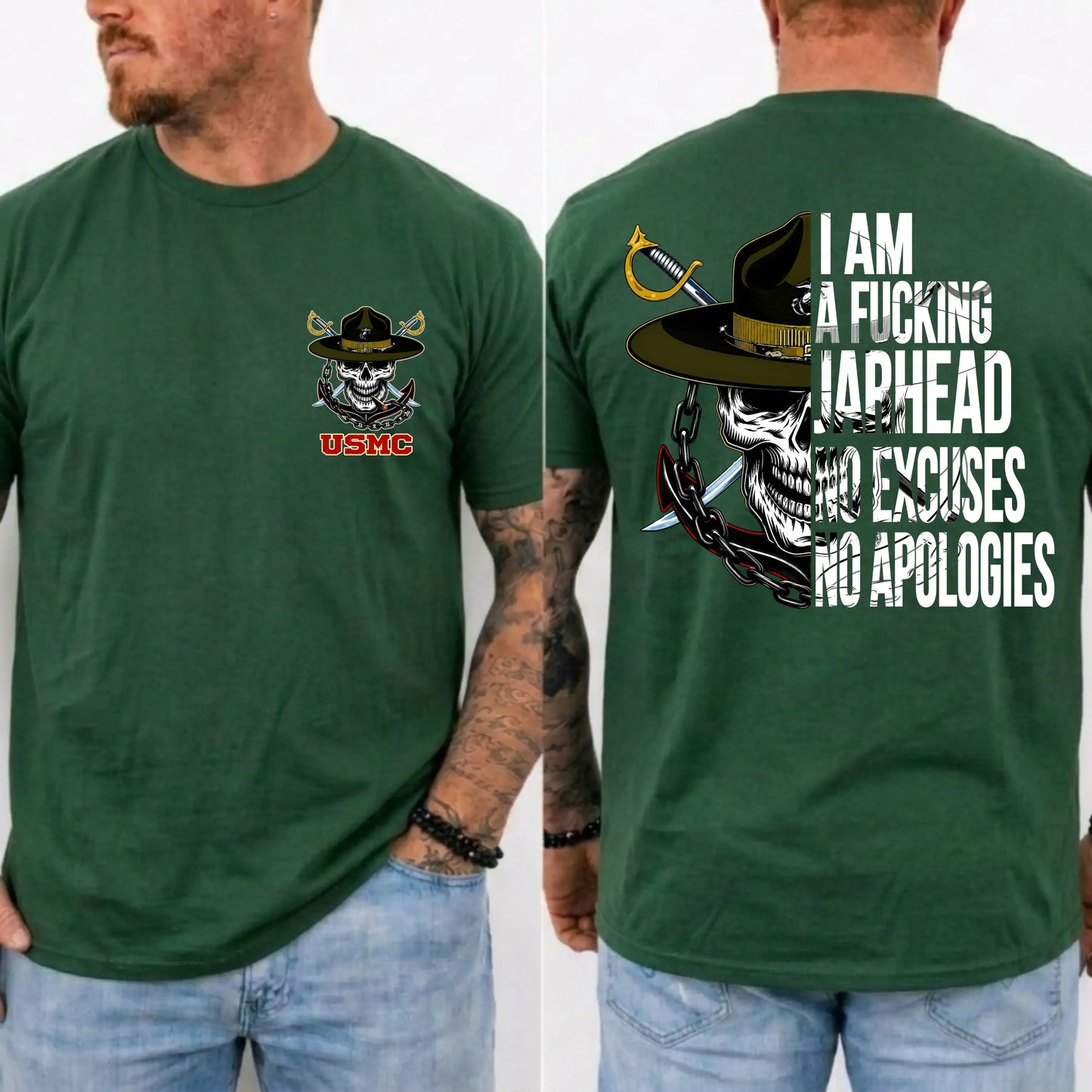 USMC Jarhead Skull No Excuses No Apologies Vintage Marine Graphic T-Shirt / Sweatshirt / Hoodie