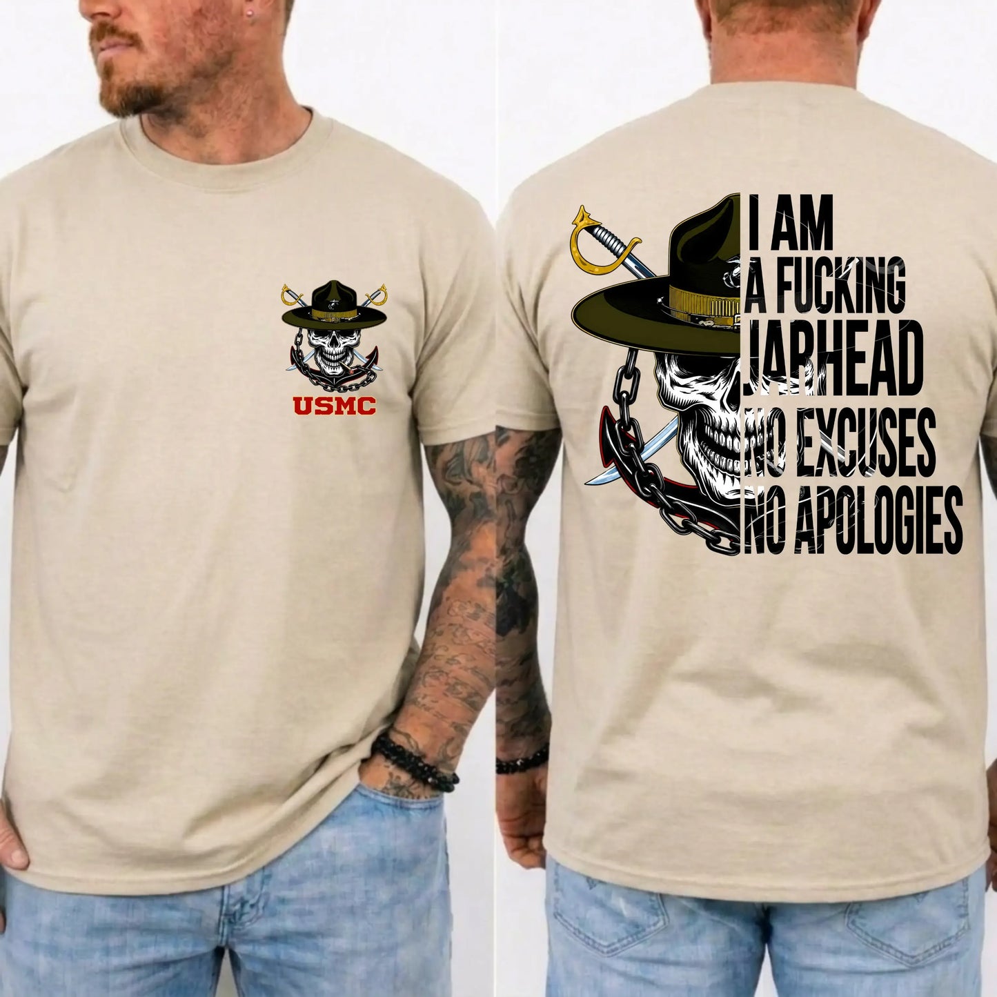 USMC Jarhead Skull No Excuses No Apologies Vintage Marine Graphic T-Shirt / Sweatshirt / Hoodie