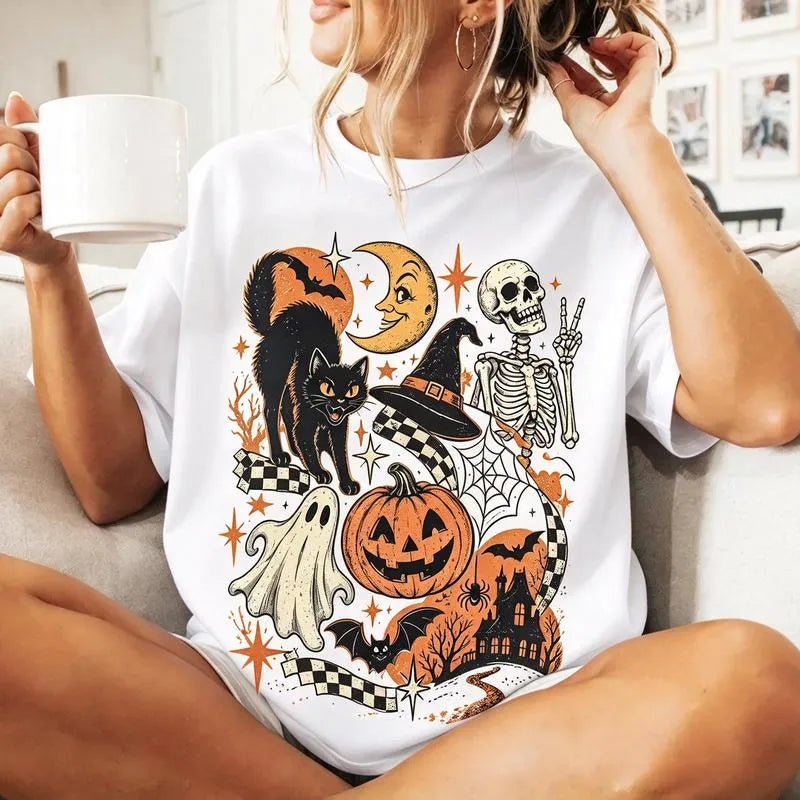Retro Halloween Black Cat Ghost Skeleton Pumpkin Witch Spooky Cute Vintage Y2K Graphic T-Shirt / Sweatshirt / Hoodie