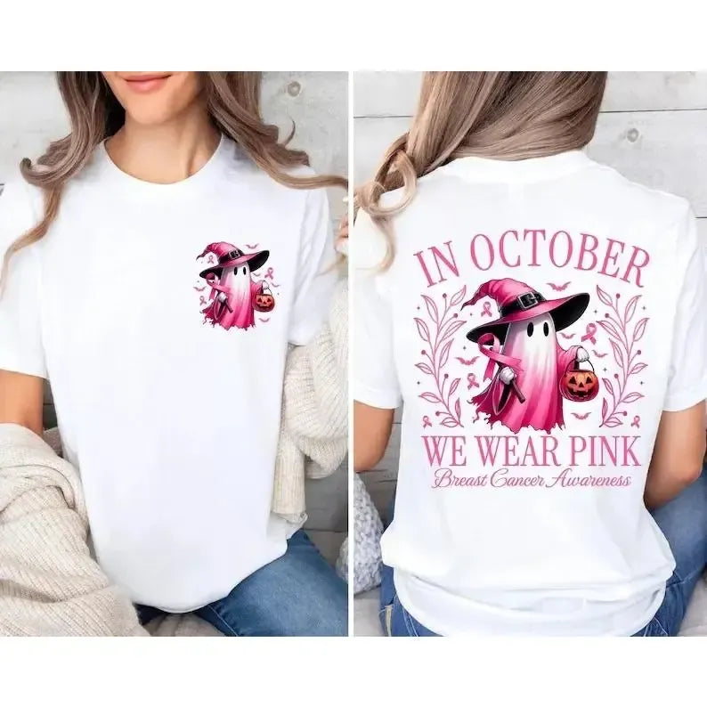 In October We Wear Pink Ghost Graphic Breast Cancer Awareness T-Shirt / Sweatshirt / Hoodie
