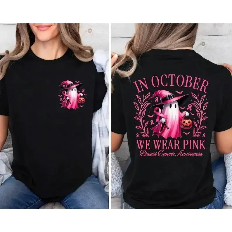 In October We Wear Pink Ghost Graphic Breast Cancer Awareness T-Shirt / Sweatshirt / Hoodie